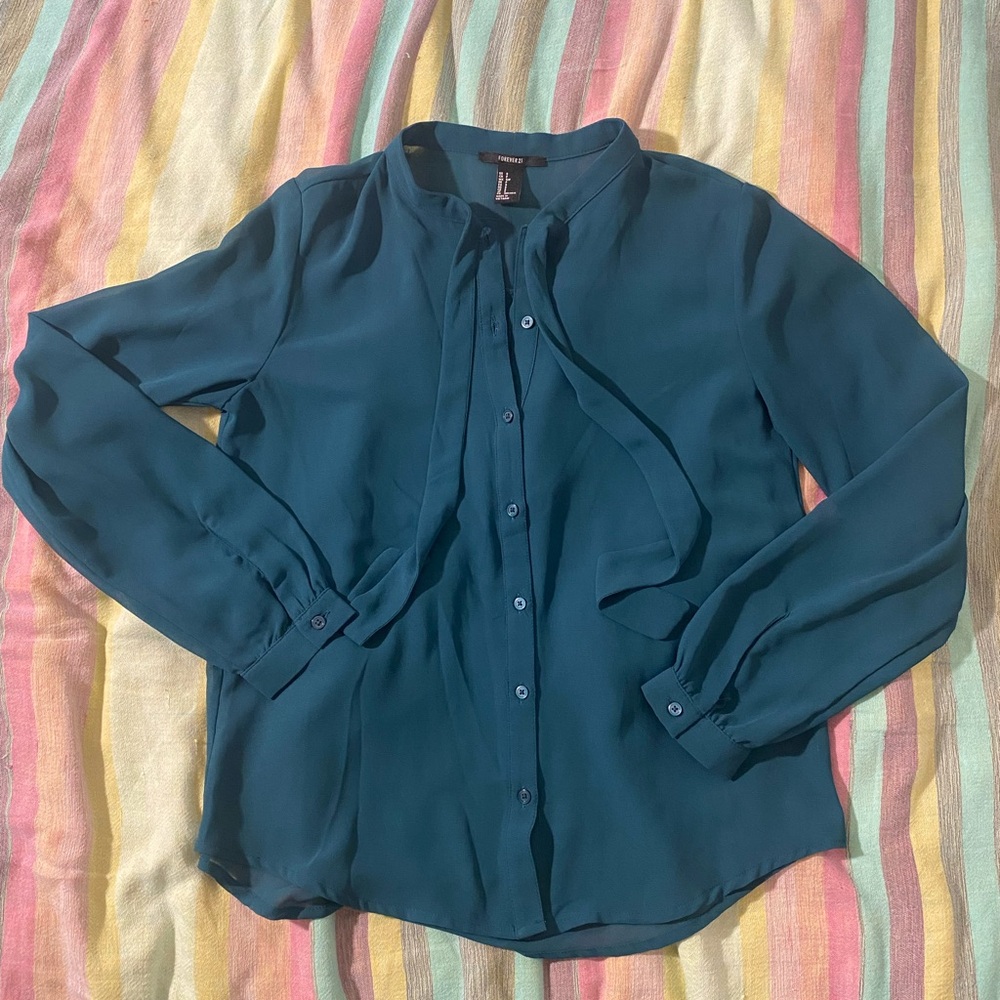 Forever 21 teal chiffon long sleeve top